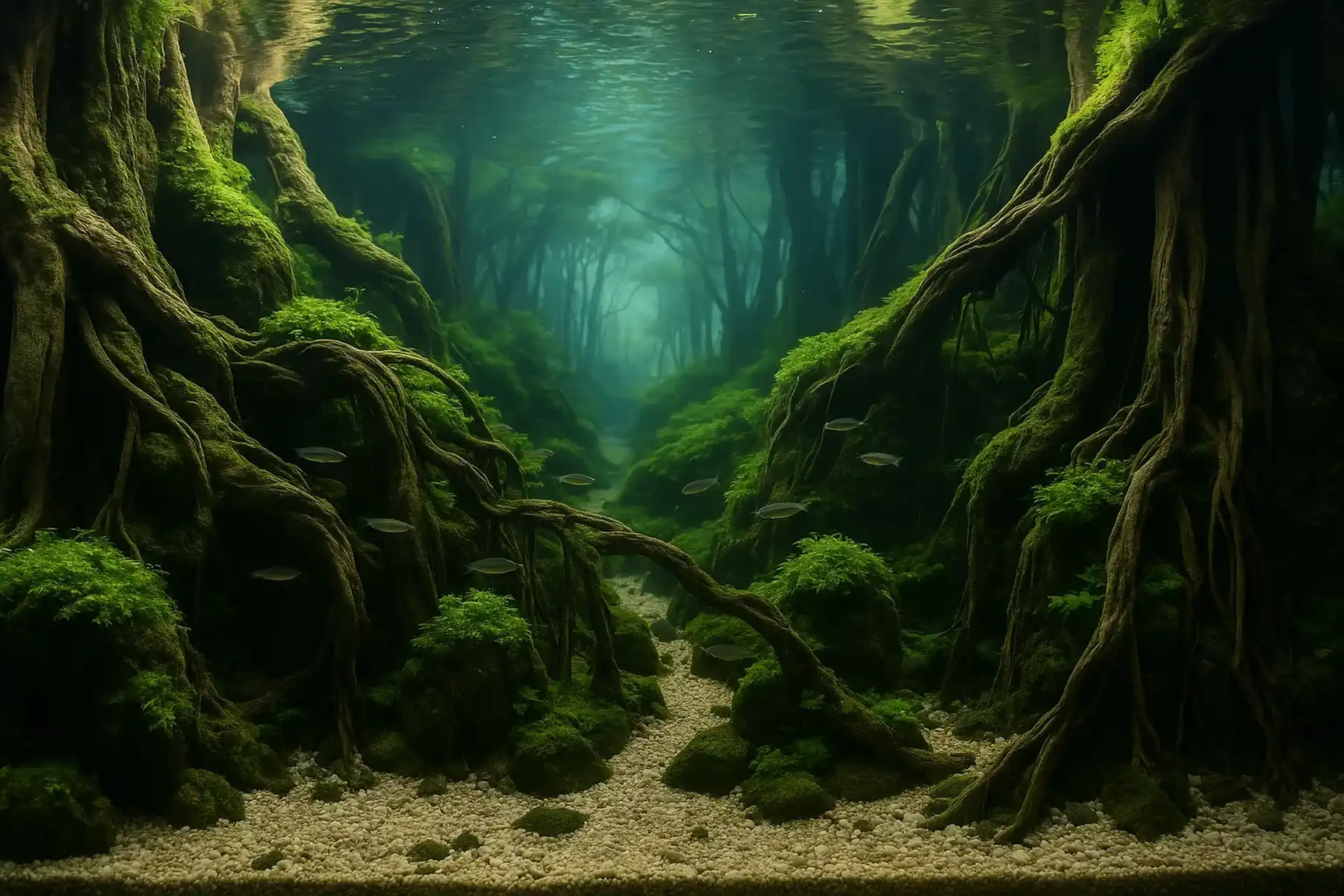 Aquascape with mossy roots and schooling fish